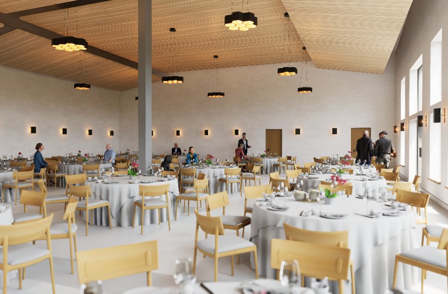 Phase 1 hall in community mode — movable partitions open, configured for coffee hour, dinners, and parish events