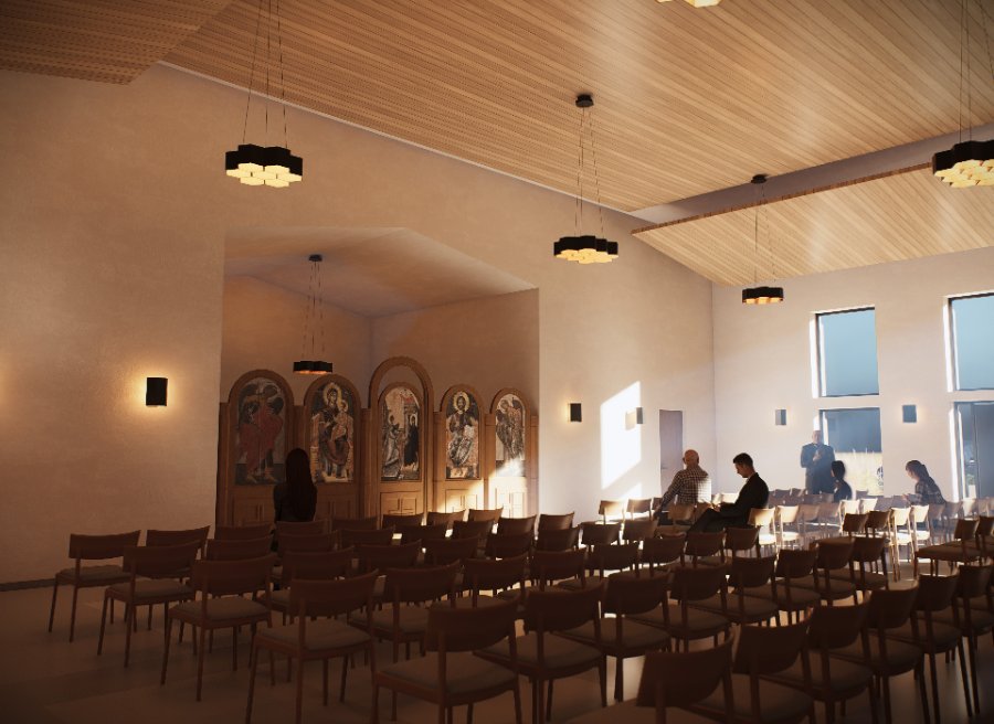 Phase 1 hall in church mode — movable partitions closed, iconostasis in place, seating for 300 parishioners